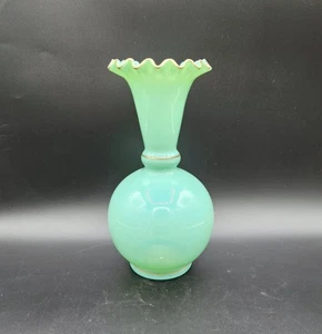 Antique Mint Green Opaline Jadeite Glass Vase Ruffled Edge Bristol Bohemian ? 8" - Picture 1 of 5