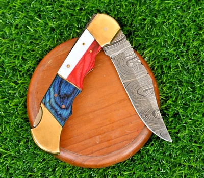 NAVAJA DE BOLSILLO HOJA PLEGABLE DE ACERO DAMASCO HECHA A MANO PERSONALIZADA EDC 1506 Foto 1 de 4