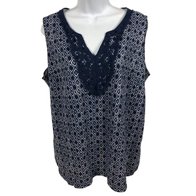 Top de mujer St Johns Bay talla 0X azul marino blanco ganchillo encaje sin mangas Foto 1 de 4