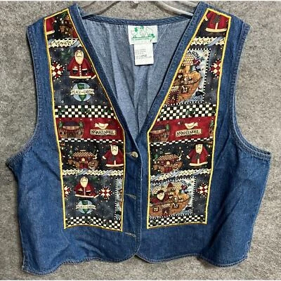Vintage Quacker Factory Denim Christmas Vest Large Santa Noahs Ark 80s 90s - Image 1 of 4