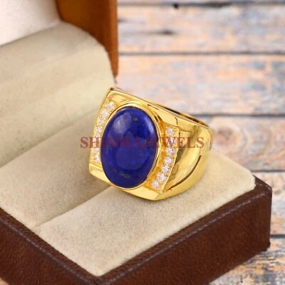 天然拉皮斯拉祖里宝石镀金 925 纯银男式戒指 831 — 第 1/4 张图片