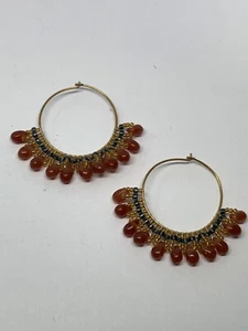 Gold Tone Hoop Earrings Glass Seed Beaded Blue, Yellow, Brown - Picture 1 of 3