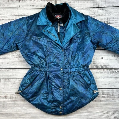 VTG Polaris Mid Length Jacket Sz Medium Blue Satin Insulated Abstract Puffer USA - Image 1 of 4