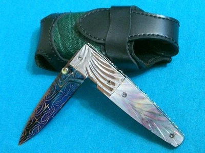 KNIFE CUSTOM ART DAMASCUS BLACK PEARL LOCKBACK FOLDING DAGGER STILETTO KNIVES EC - Image 1 of 4