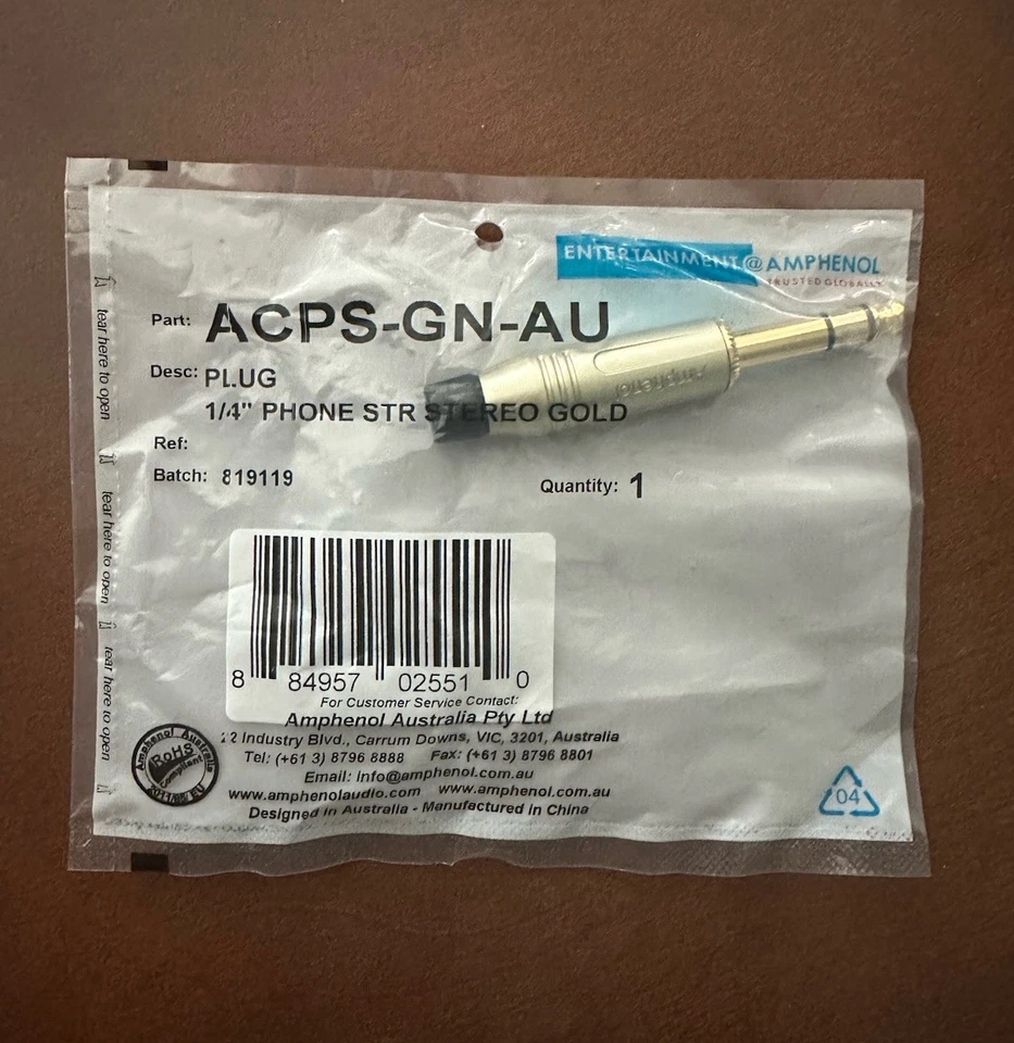 Amphenol - Conector de enchufe de teléfono estéreo recto de 1/4” ACPS-GN-AU - dorado - nuevo Foto 1 de 4