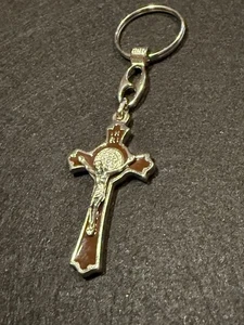 St. Benedict Silver Tone Black Enamel Inlay Cross Keychain Pendant Italy - Picture 1 of 9