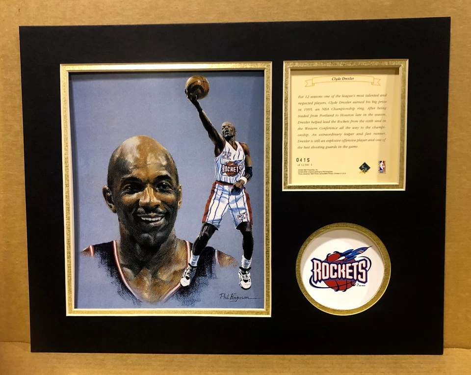 Houston Rockets CLYDE DREXLER Basketball 11x14 Kelly Russell Lithograph Print - Image 1 of 1