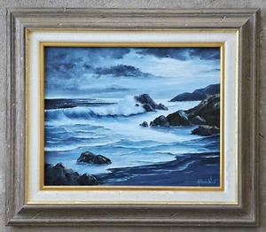 VINTAGE ORIGINAL OIL PAINTING SEASCAPE BEACH COASTAL OCEAN WAVES NIGHT SKY ART - Picture 1 of 4