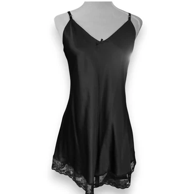 Cacique Paris Vintage Satén Encaje Negro Completo Slip Chemise Camisón Lencería Talla S Foto 1 de 4
