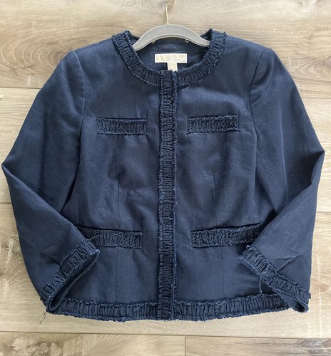 Giacca di lino donna Michael Kors chiusura con bottoni a pressione blu navy taglia 6