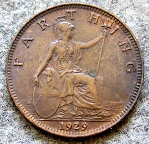 GREAT BRITAIN King GEORGE V 1929 FARTHING, SEATED BRITANNIA, BRONZE - Picture 1 of 6