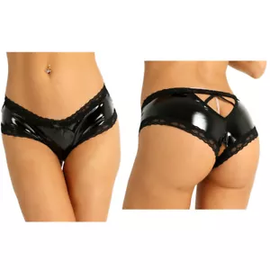 Damen Leder-Optik Hotpants Ouvert-Slip Spitze Lackleder Strings Shorts Unterhose - Bild 1 von 6