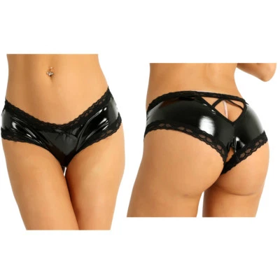Damen Lackleder Hotpants Ouvert-Slip Spitze Bikini Briefs Club Shorts Unterhose - Bild 1 von 4