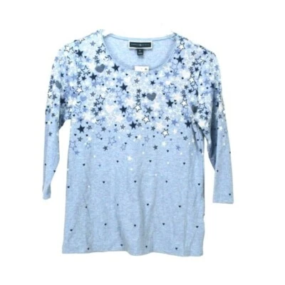 Camiseta Charter Club 2 Petite Azul Blanco Cuello Redondo Manga 3/4 Estrellas Corazones Foto 1 de 2