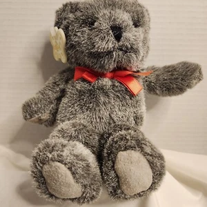 Russ Berrie Plüsch Tippy Teddybär Wildleder Pfoten grau 8 Zoll Stofftier rote Satinschleife SELTEN - Bild 1 von 9