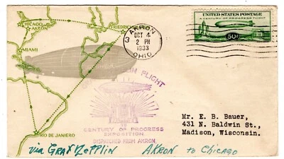 C18 Century of Progress 50c Zeppelin FDC 1933 Flown Akron OH to Chicago Linprint - Image 1 of 3