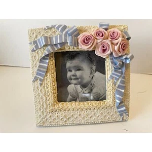 Square Photo Frame, Ivory Knit Design, Pink Roses, Blue Striped Ribbon 6" x 6" - Picture 1 of 10