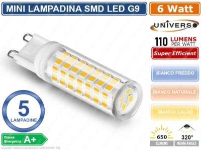 CONFEZIONE 5 MINI LAMPADINE CORN LED SMD 2835 G9 6W 650 LM 3000K 4000K 6000K - Immagine 1 di 3