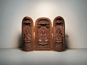 Antique Three Open Box Taoist Sanqing Saints Collect Wooden Carving Feng Shui - Picture 1 of 5
