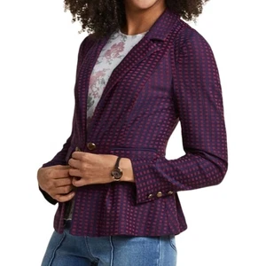 Modcloth Blazer Womens Large Purple Grid Bow Check Peplum Jacket Preppy Retro - Picture 1 of 12
