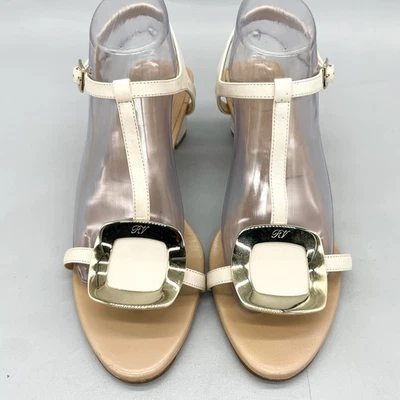 Roger Vivier Womens 40 10 Bella T Strap Sandals Cream Leather Slingback Heels - Image 1 of 4
