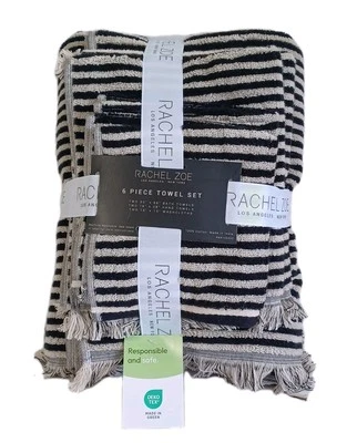 Rachel Zoe Home 6 Piece Bath Towel Set Stripes & Tringe Beige & Black, New - Image 1 of 4