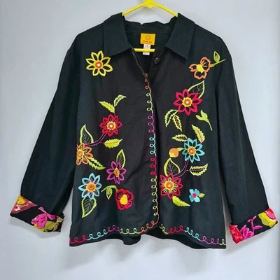 Ruby Rd. Black Cotton Button Up Jacket Colorful Floral Embroidery Size 16 Boho - Image 1 of 4