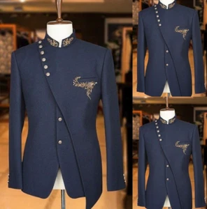 Tuta uomo blu navy retrò ricamo oro formale matrimonio sposo smoking due pezzi - Foto 1 di 17