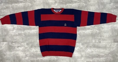 vintage TOMMY HILFIGER KNIT STRIPED SWEATER L 90s RED NAVY STRIPES COLOR BLOCK - Image 1 of 4