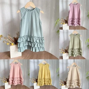 Toddler Kid Baby Girls Dress Casual Cotton Linen Sleeveless Beach Dresses Summer - Picture 1 of 27