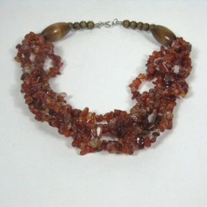 Carnelian Stone Chip Multi Strand Beaded Necklace Wooden Accents Boho Chic 21in - Picture 1 of 9