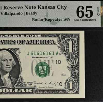 1988A $1 FRN PMG 65EPQ - Gem Fancy Birthday Repeater Serial Number 61616161 - Image 1 of 3