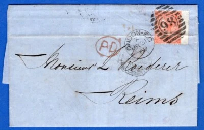 GREAT BRITAIN TO FRANCE, COVER, 1869 W/YV # 17, "98" CANCEL, EXCELLENT! - Image 1 of 2