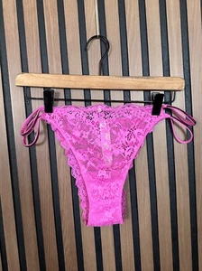 New Victorias Secret Panties XL Pink Lace 2 Strap Rhinestone Trim Brazilian Slip - Picture 1 of 5