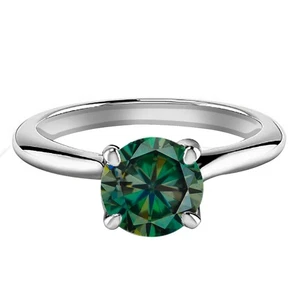 1.35 Carat Round Shape Natural Yellowish Green Diamond Ring In 14KT White Gold - Picture 1 of 4