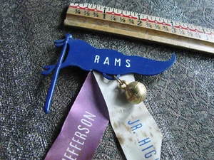 VTG 60s Plastic Pennant Pin Ribbon Sport Ball Charm RAMS Jefferson Junior High - Picture 1 of 3