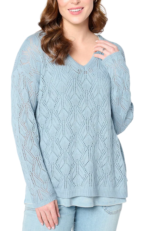 Suéter Peace Love World para mujer bohemio punto abierto novedad azul nube Foto 1 de 1