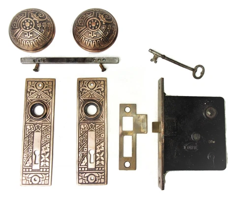 Antique Set EASTLAKE VICTORIAN AESTHETIC Backplates Door Knob Mortise Lock w Key Cover