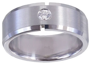 Banda de diamante de corte redondo de oro blanco liso de 14 K para hombre 8 mm de ancho cepillado pulido 0,15 - Imagen 1 de 3