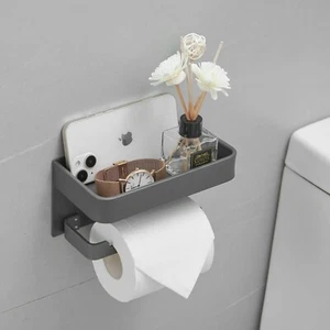 Bathroom Toilet Roll Paper Holder with Shelf Wall Mounted Aluminum Black - Picture 1 of 8