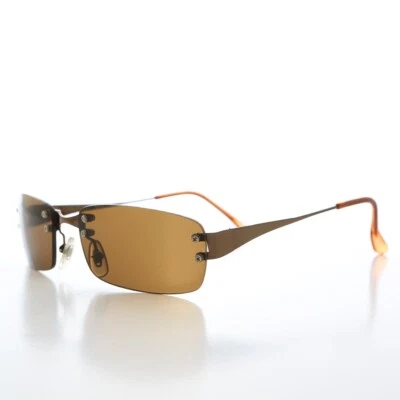 90s Rimless Copper Metal Rectangular Sunglasses with Brown Lens - Corby - Image 1 of 3