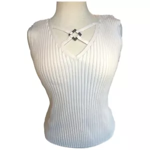 August Silk Ribbed Tank Top Women’s Size XL Ivory Sleeveless with Accent - Picture 1 of 10