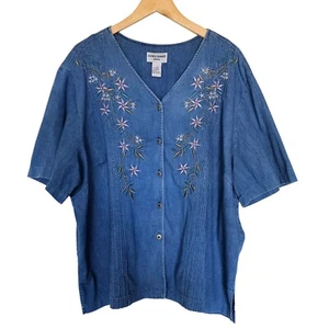Vintage Alfred Dunner Plus Size 24W Denim Button-Down Blouse Embroidered Floral - Picture 1 of 11