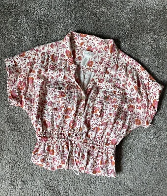 Jessica Simpson 花卉红色粉红色纽扣短裤连身裤抽绳腰围大号 — 第 1/4 张图片