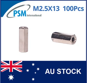 M2.5 X 13 PSM SPACER HEX FEMALE / FEMALE BRASS NICKEL PLATED SPA01BM2.513MM X100 - Picture 1 of 5