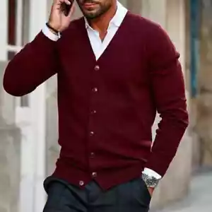 Mens Cardigan V Neck Long Sleeve Plain Supersoft Warm Button Up Classic Sweater - Picture 1 of 12