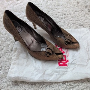 Renata Bronze Herringbone High Heel Shoes Peep Toe Made In Italy EU41 UK8 Vtg - Picture 1 of 13