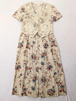 Vestido de Colección Años 90 Lanz 10 Mezcla de Lino Floral Crochet Chaleco Cottagecore Crema Bolsillos Foto 1 de 4