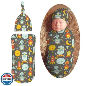 Muishi Robot and Moon Newborn Swaddle Blankets Hat Sets Soft Baby Receiving B - Picture 1 of 5