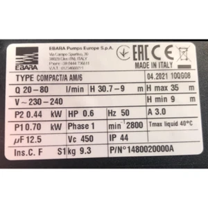 EBARA ELECTRIC PUMP COMPACT PUMP A / M6 - Picture 1 of 1